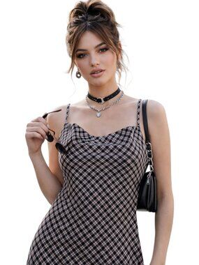 90s Inspired Plaid Slip Dress Black & White Cowl Neck Mini Spaghetti Strap sz M